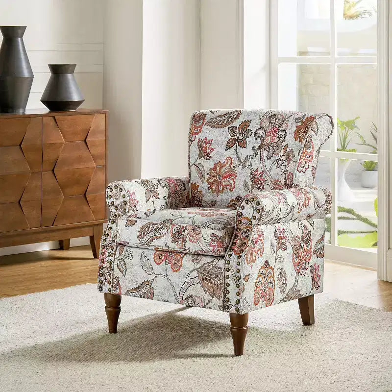 Traditional Floral Wingback Armchair with Nailhead Trim