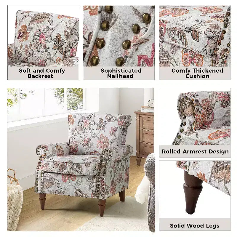 Traditional Floral Wingback Armchair with Nailhead Trim