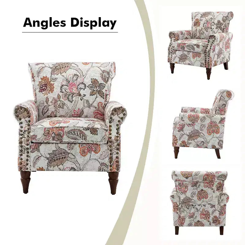 Traditional Floral Wingback Armchair with Nailhead Trim