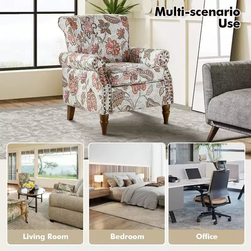 Traditional Floral Wingback Armchair with Nailhead Trim