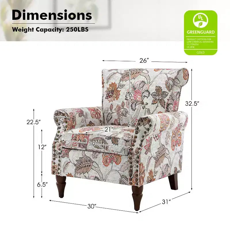 Traditional Floral Wingback Armchair with Nailhead Trim
