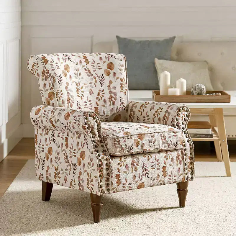 Traditional Floral Wingback Armchair with Nailhead Trim