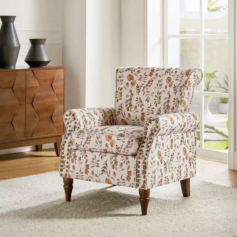 Traditional Floral Wingback Armchair with Nailhead Trim