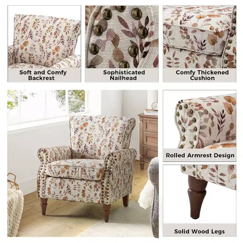 Traditional Floral Wingback Armchair with Nailhead Trim