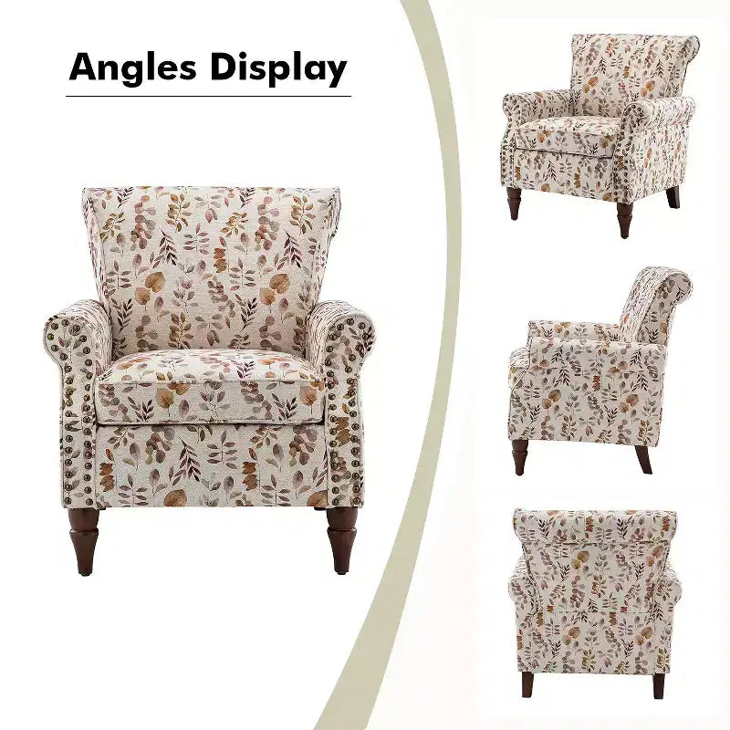 Traditional Floral Wingback Armchair with Nailhead Trim