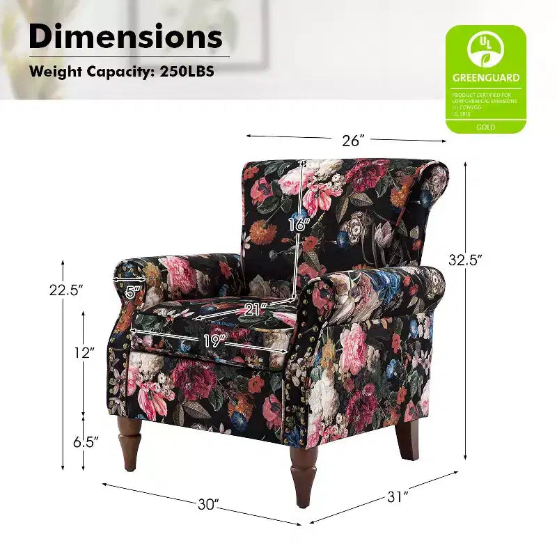 Traditional Floral Wingback Armchair with Nailhead Trim