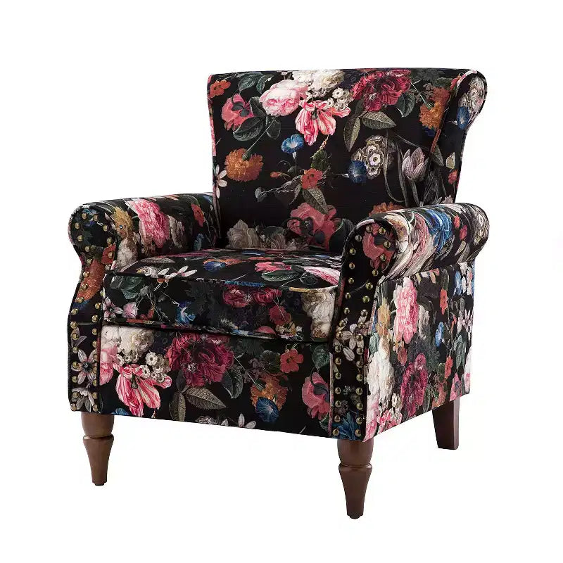 Traditional Floral Wingback Armchair with Nailhead Trim