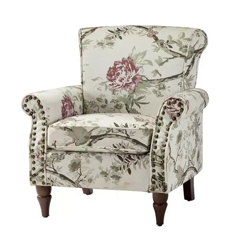 Traditional Floral Wingback Armchair with Nailhead Trim