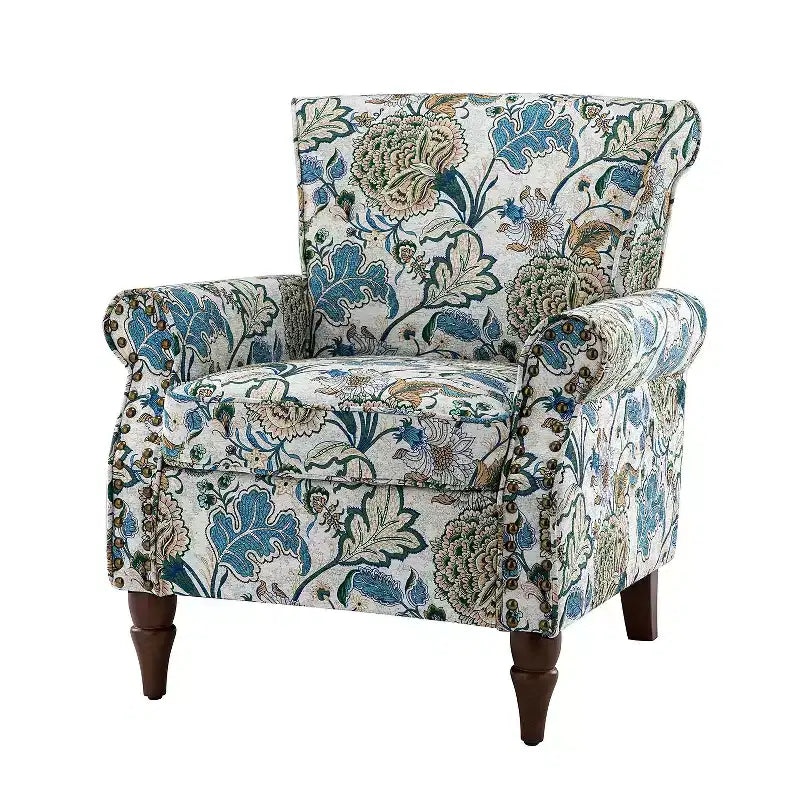 Traditional Floral Wingback Armchair with Nailhead Trim