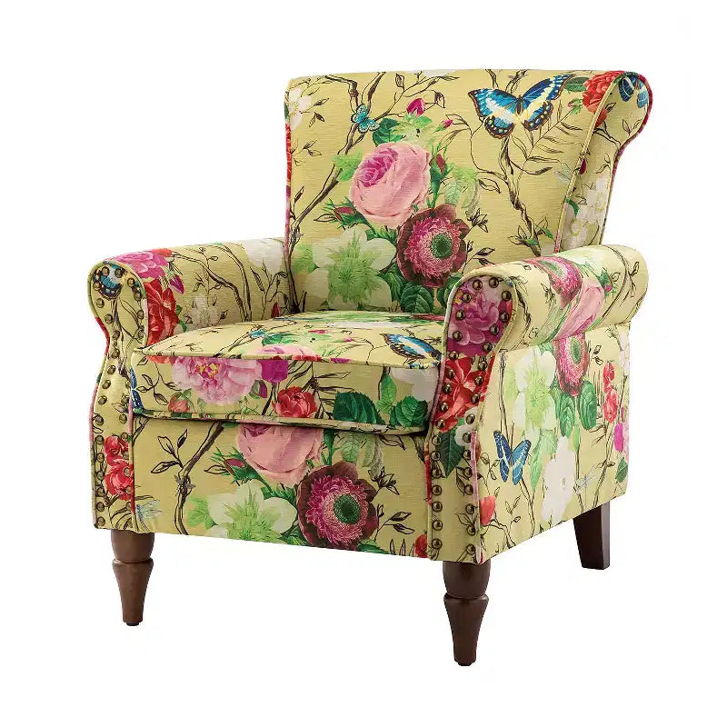Traditional Floral Wingback Armchair with Nailhead Trim
