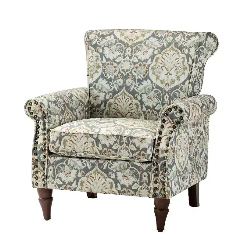 Traditional Floral Wingback Armchair with Nailhead Trim
