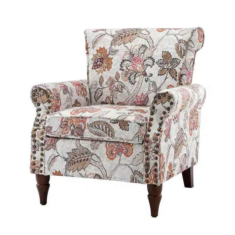Traditional Floral Wingback Armchair with Nailhead Trim