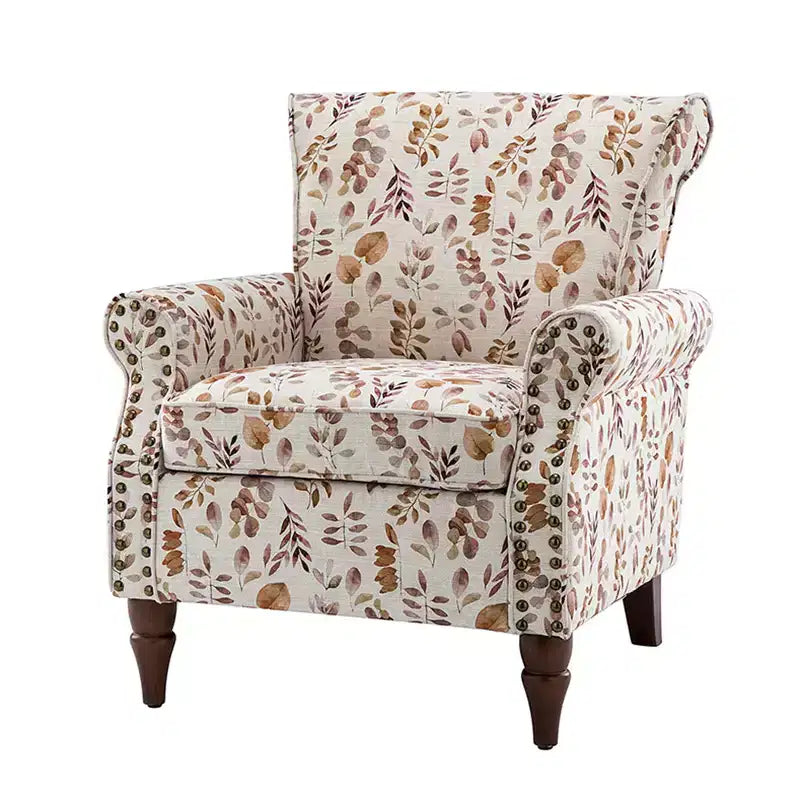 Traditional Floral Wingback Armchair with Nailhead Trim