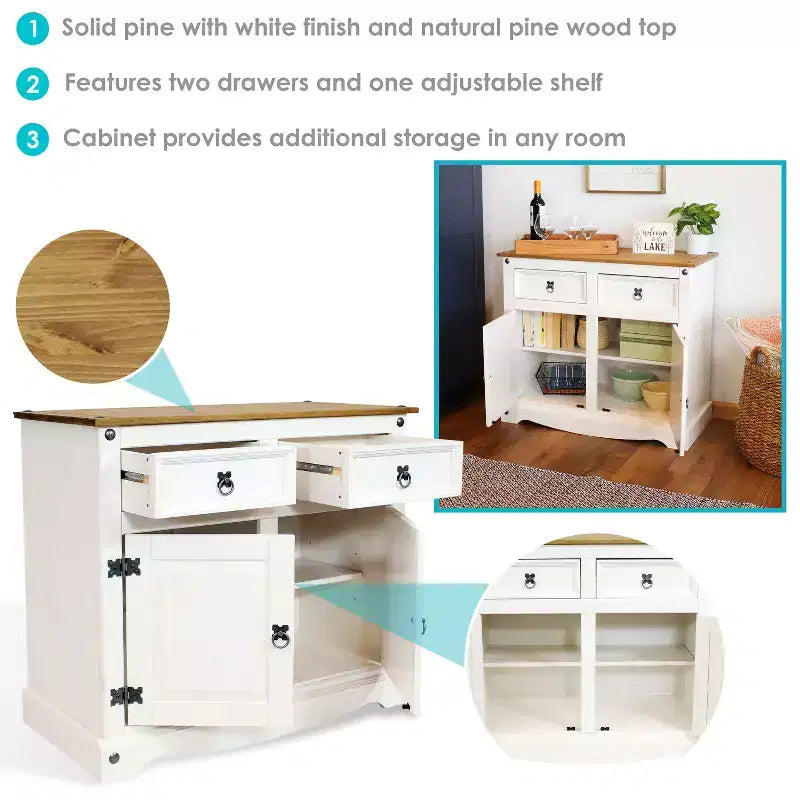Kitchen Sideboard Cabinet with 2 Drawers & 2 Doors, Solid Pine, White