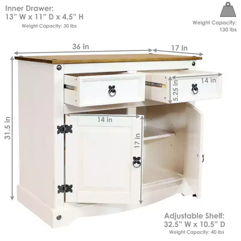 Kitchen Sideboard Cabinet with 2 Drawers & 2 Doors, Solid Pine, White