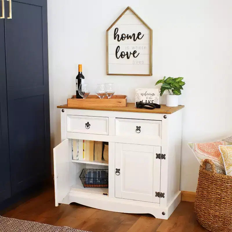 Kitchen Sideboard Cabinet with 2 Drawers & 2 Doors, Solid Pine, White