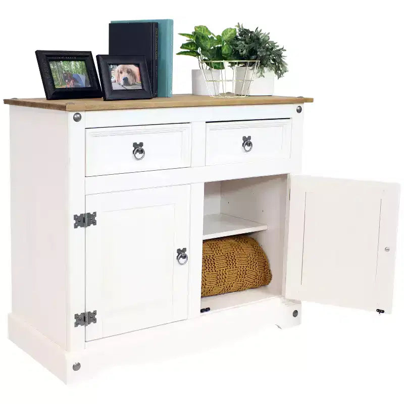 Kitchen Sideboard Cabinet with 2 Drawers & 2 Doors, Solid Pine, White