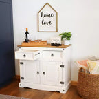 Kitchen Sideboard Cabinet with 2 Drawers & 2 Doors, Solid Pine, White