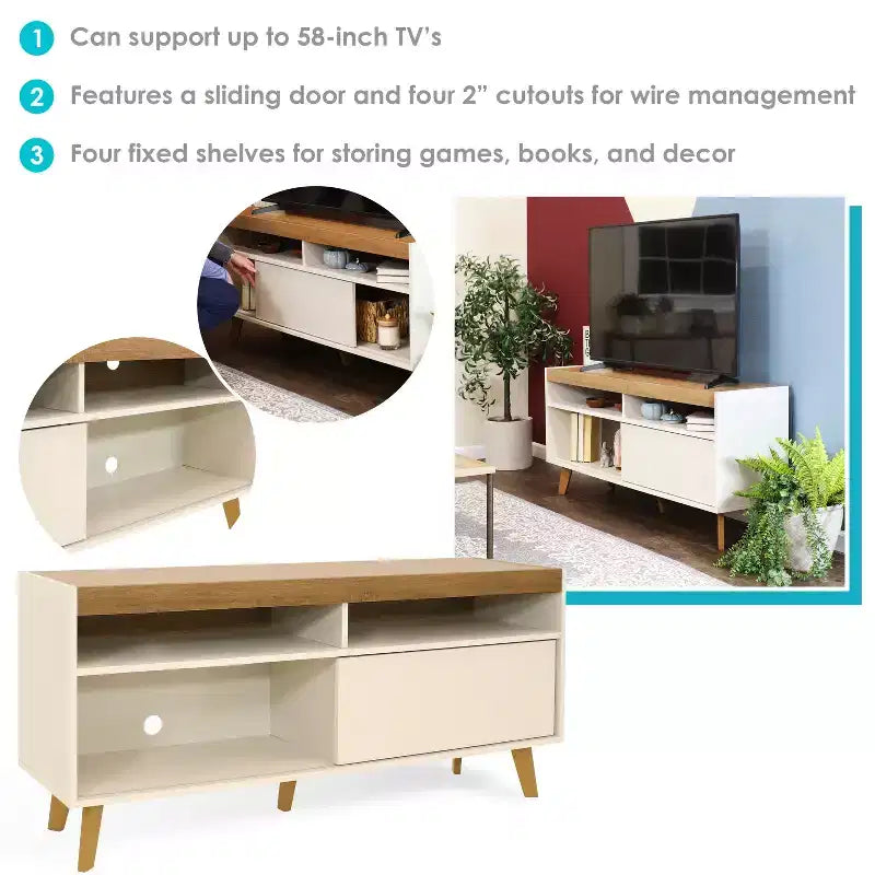 Mid-Century Modern TV Stand Console with Storage Cabinet and Shelves for 58" TV