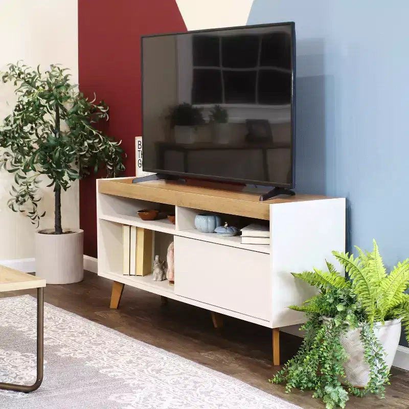 Mid-Century Modern TV Stand Console with Storage Cabinet and Shelves for 58" TV