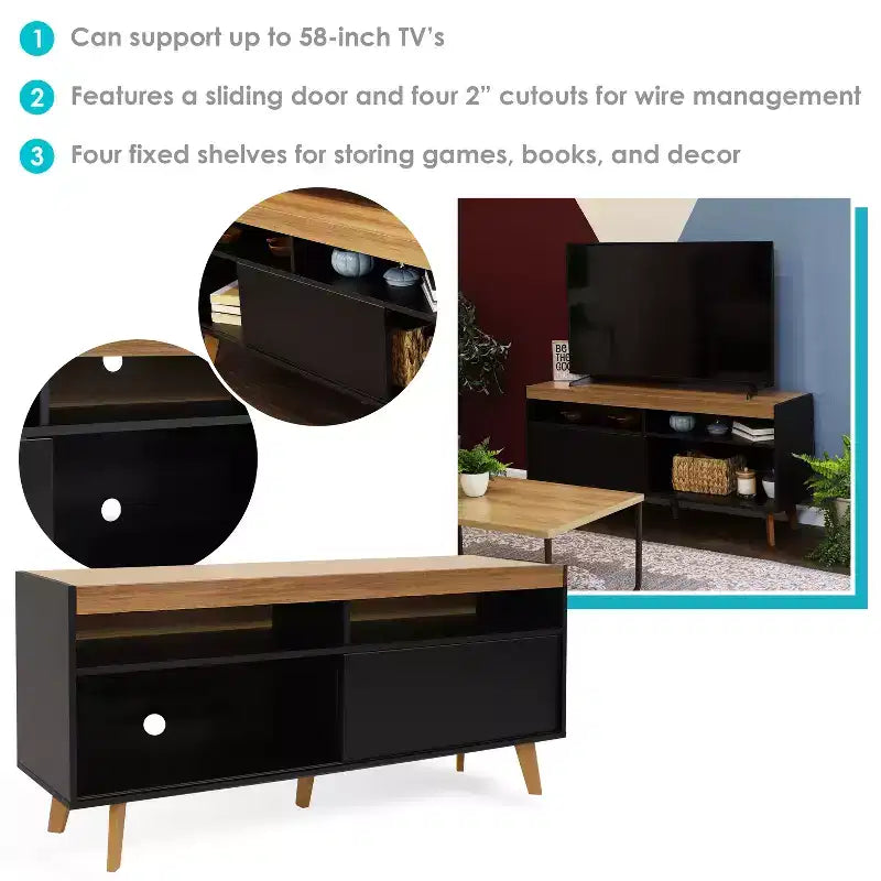 Mid-Century Modern TV Stand Console with Storage Cabinet and Shelves for 58" TV